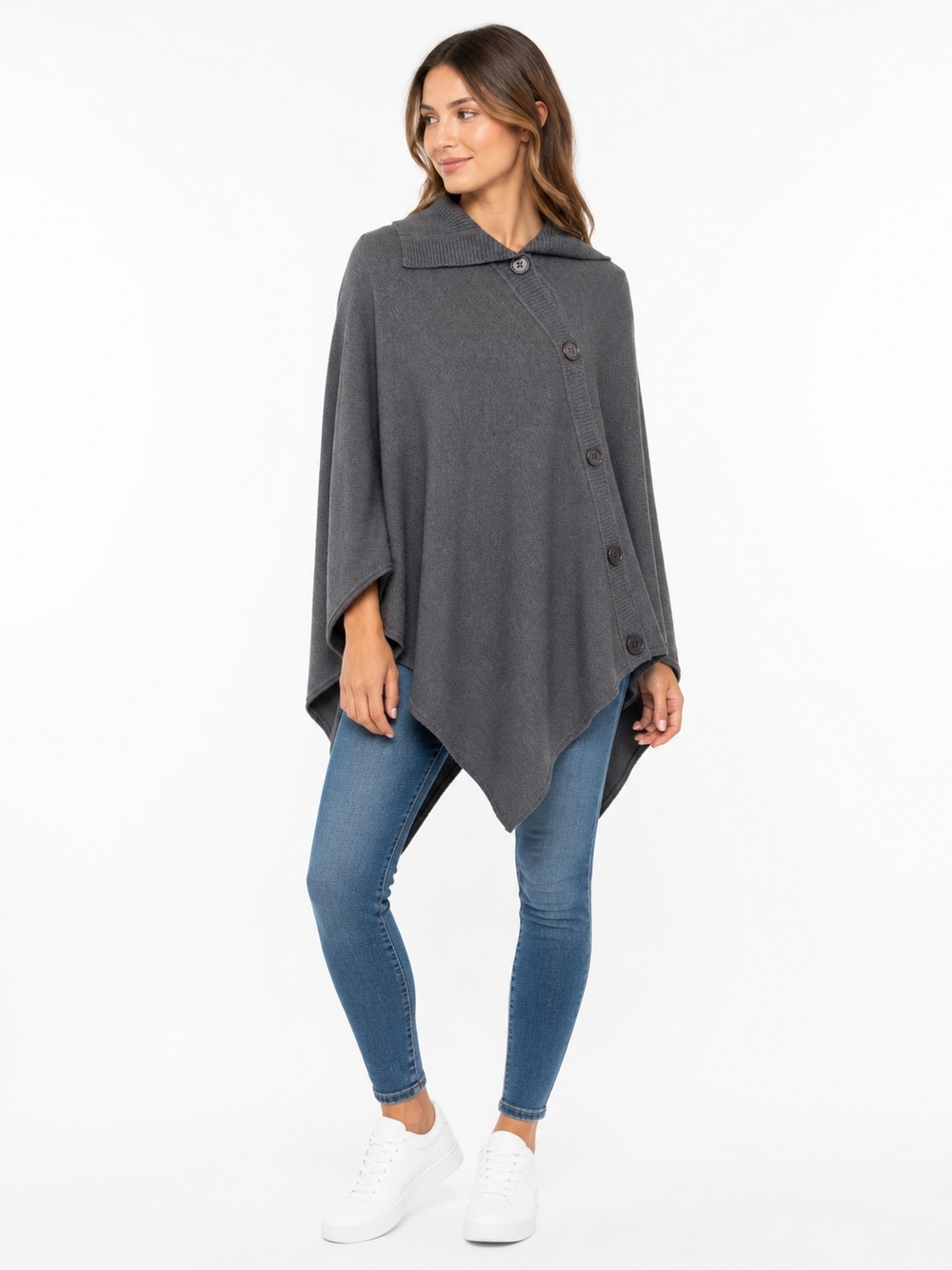 Karen Scott Charcoal Asymmetrical Button Poncho